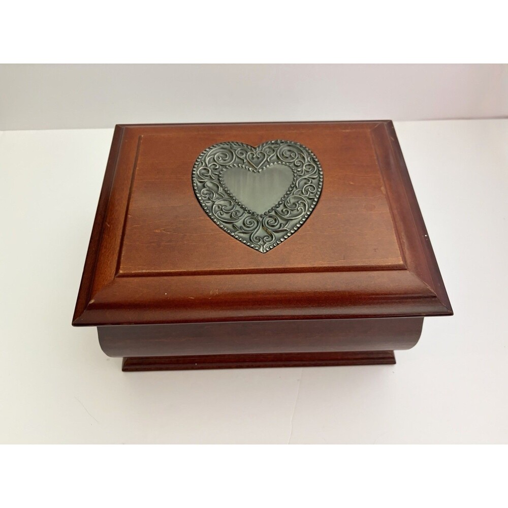 Vintage Mahogany Wood Jewelry Box with Orate Hear Inlay
